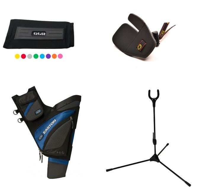 Armguard, finger tab, quiver and bow stand
